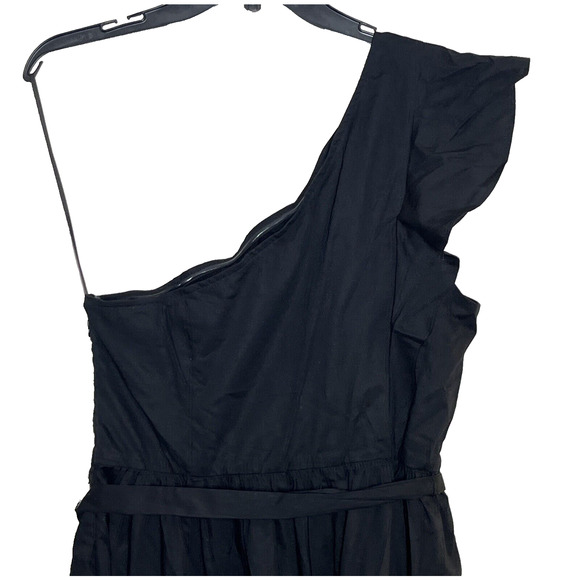 J Crew One Shoulder Midi Dress Size 14 Black Ruffle Trim Tie Waist Classic - Picture 4 of 11